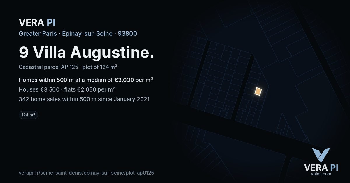 9 Villa Augustine, Épinay-sur-Seine at night – the plot lit, the parcels around coloured by the prices near them
