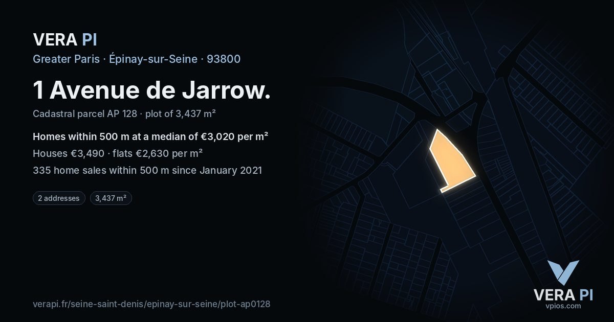 1 Avenue de Jarrow, Épinay-sur-Seine at night – the plot lit, the parcels around coloured by the prices near them