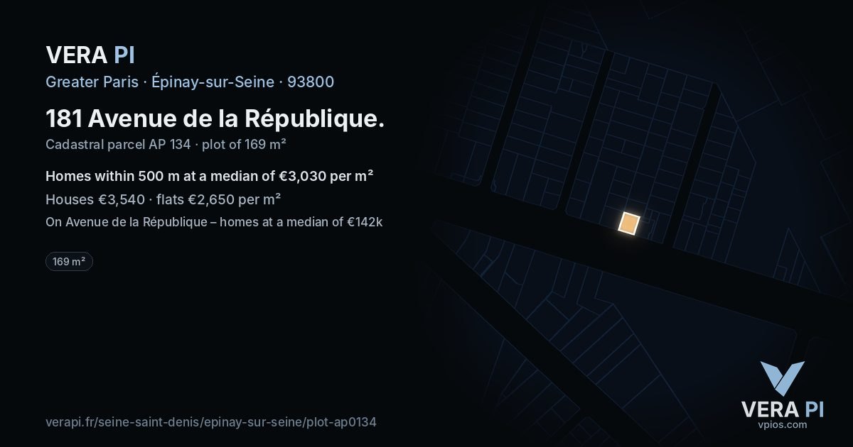 181 Avenue de la République, Épinay-sur-Seine at night – the plot lit, the parcels around coloured by the prices near them