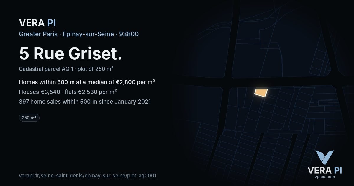 5 Rue Griset, Épinay-sur-Seine at night – the plot lit, the parcels around coloured by the prices near them