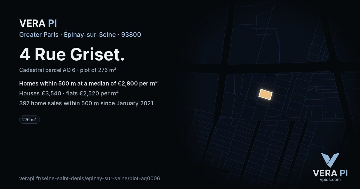 4 Rue Griset, Épinay-sur-Seine at night – the plot lit, the parcels around coloured by the prices near them