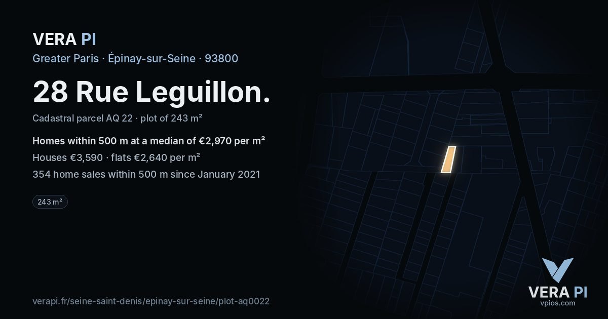 28 Rue Leguillon, Épinay-sur-Seine at night – the plot lit, the parcels around coloured by the prices near them