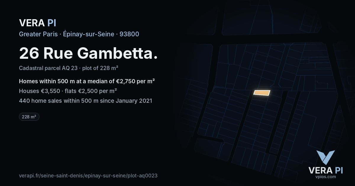 26 Rue Gambetta, Épinay-sur-Seine at night – the plot lit, the parcels around coloured by the prices near them