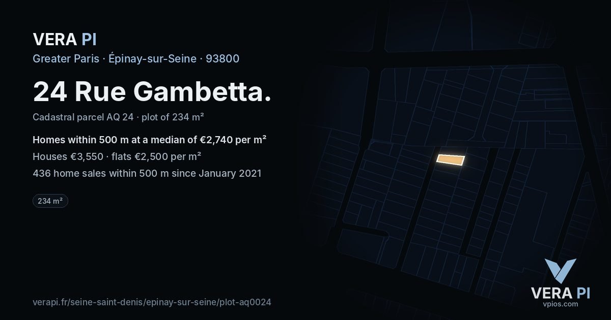 24 Rue Gambetta, Épinay-sur-Seine at night – the plot lit, the parcels around coloured by the prices near them