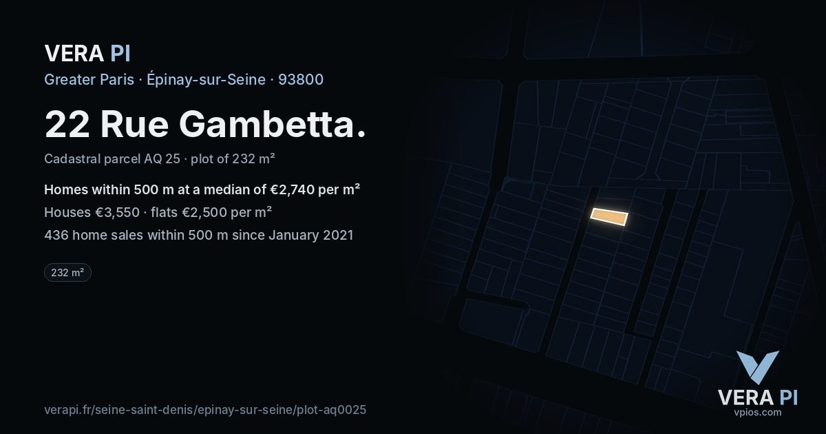 22 Rue Gambetta, Épinay-sur-Seine at night – the plot lit, the parcels around coloured by the prices near them
