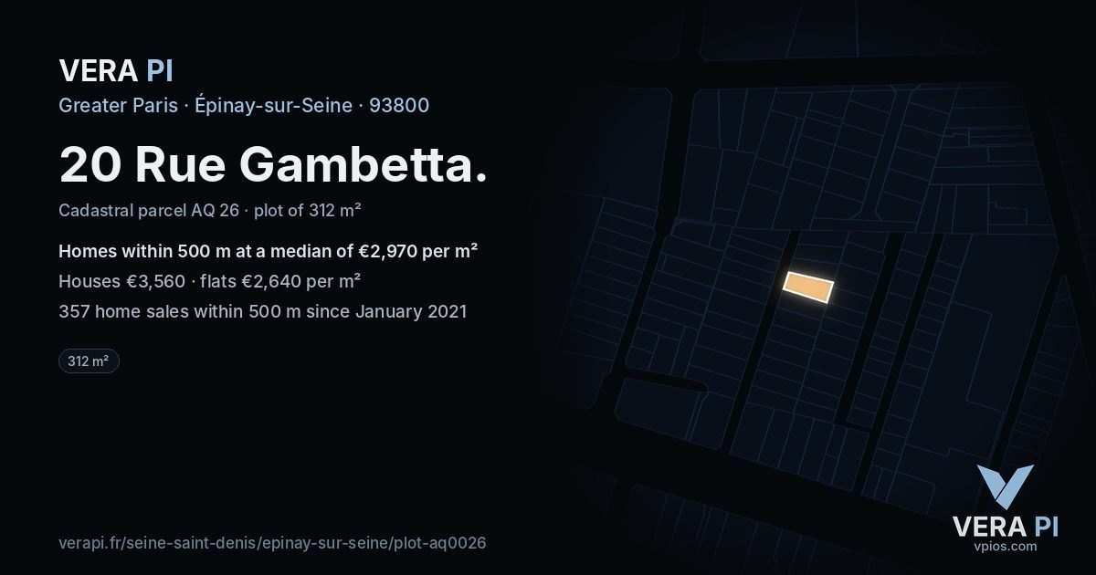 20 Rue Gambetta, Épinay-sur-Seine at night – the plot lit, the parcels around coloured by the prices near them