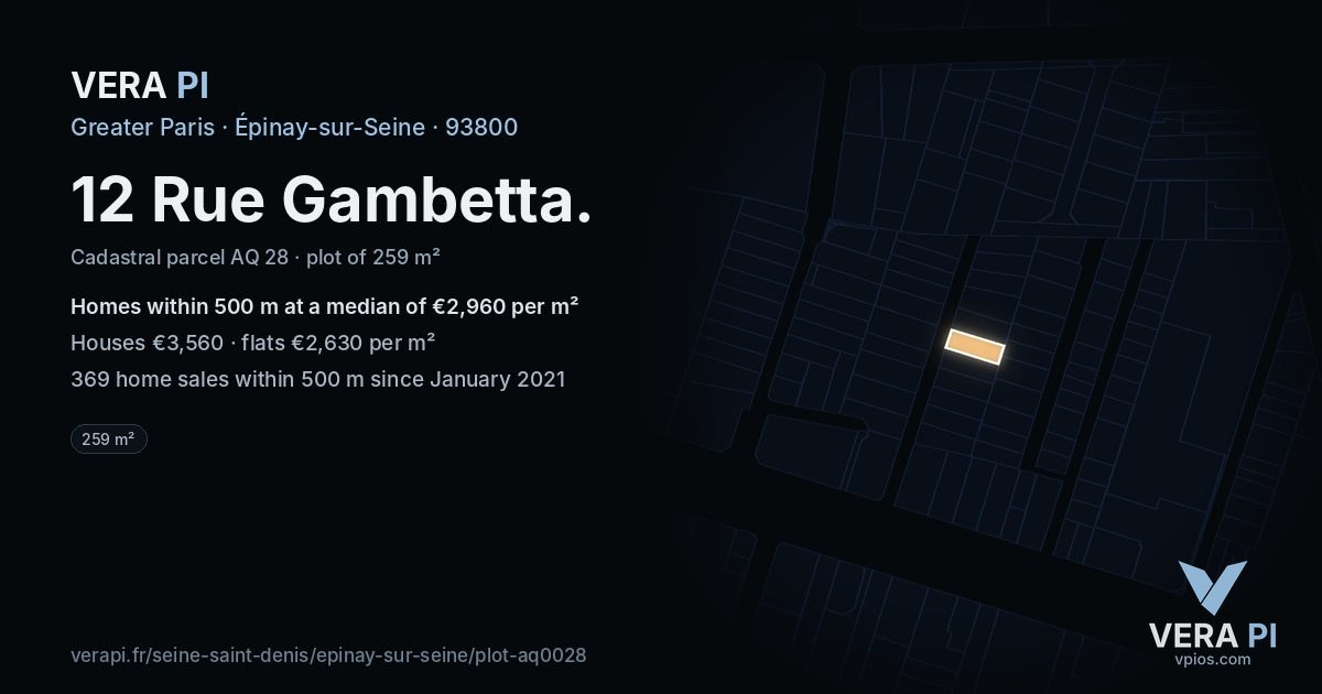 12 Rue Gambetta, Épinay-sur-Seine at night – the plot lit, the parcels around coloured by the prices near them