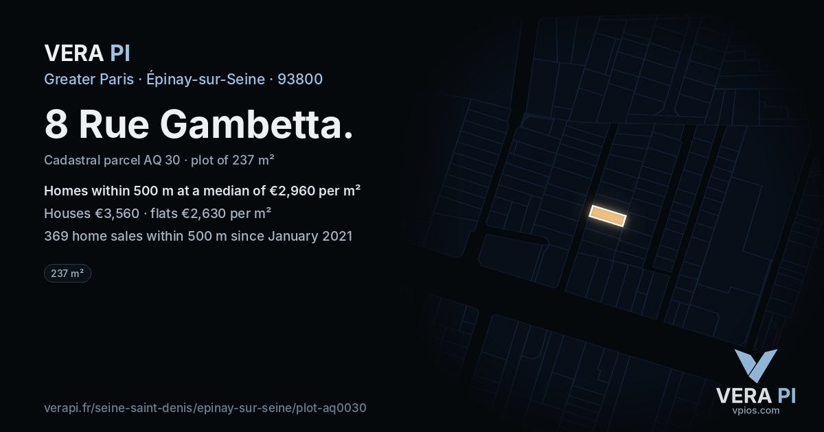 8 Rue Gambetta, Épinay-sur-Seine at night – the plot lit, the parcels around coloured by the prices near them