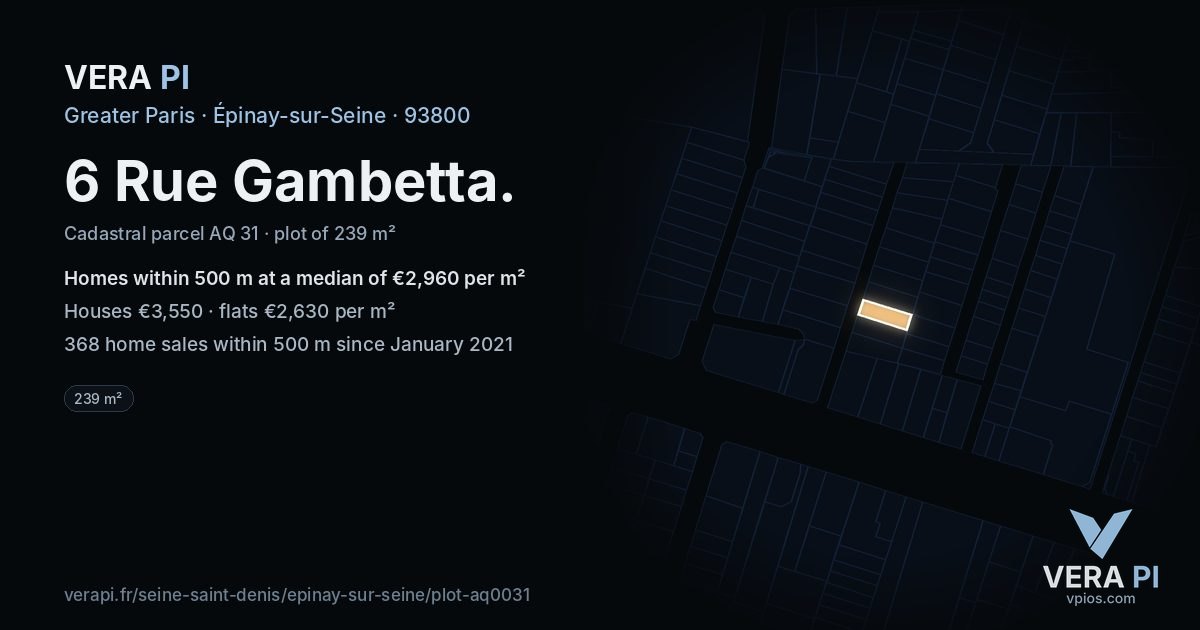 6 Rue Gambetta, Épinay-sur-Seine at night – the plot lit, the parcels around coloured by the prices near them