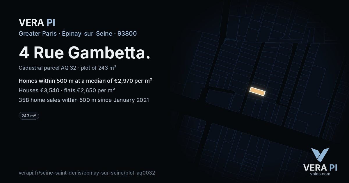 4 Rue Gambetta, Épinay-sur-Seine at night – the plot lit, the parcels around coloured by the prices near them