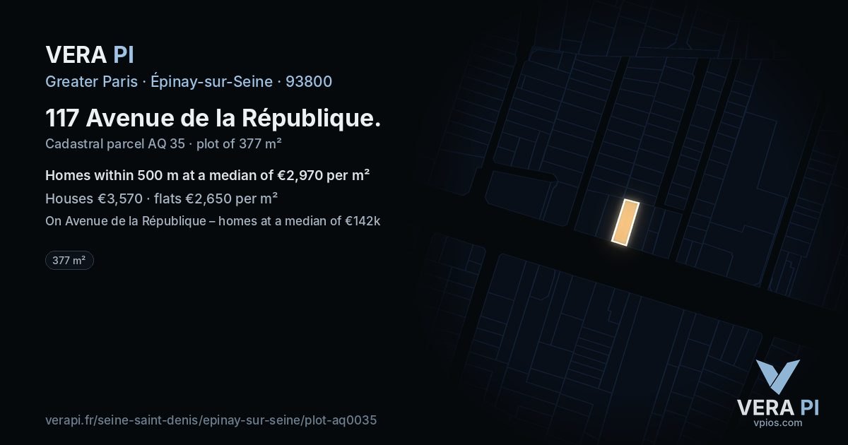 117 Avenue de la République, Épinay-sur-Seine at night – the plot lit, the parcels around coloured by the prices near them