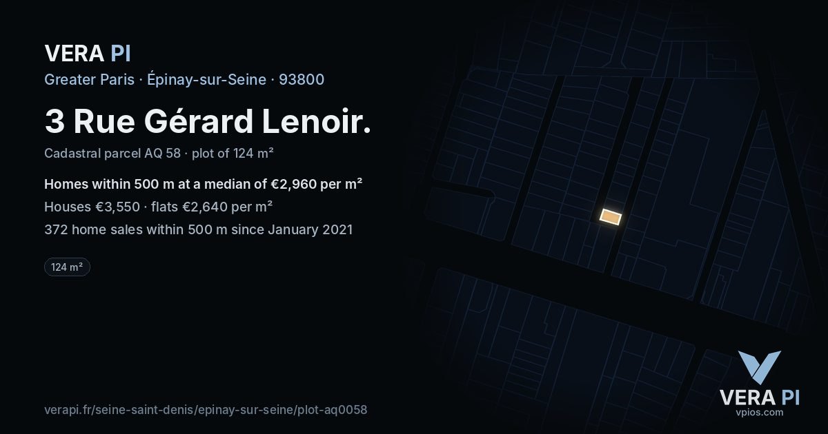 3 Rue Gérard Lenoir, Épinay-sur-Seine at night – the plot lit, the parcels around coloured by the prices near them