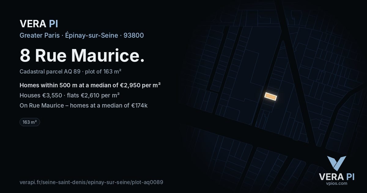 8 Rue Maurice, Épinay-sur-Seine at night – the plot lit, the parcels around coloured by the prices near them