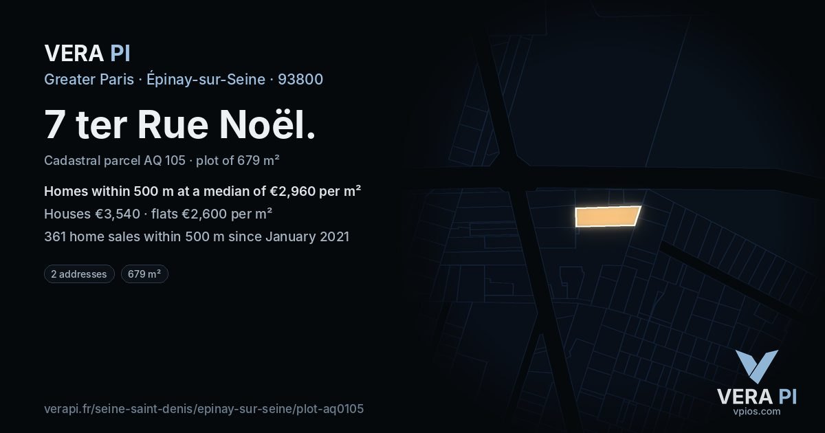 7 ter Rue Noël, Épinay-sur-Seine at night – the plot lit, the parcels around coloured by the prices near them
