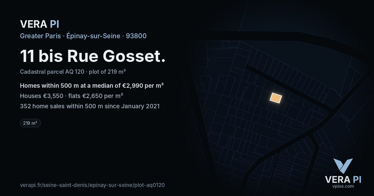 11 bis Rue Gosset, Épinay-sur-Seine at night – the plot lit, the parcels around coloured by the prices near them