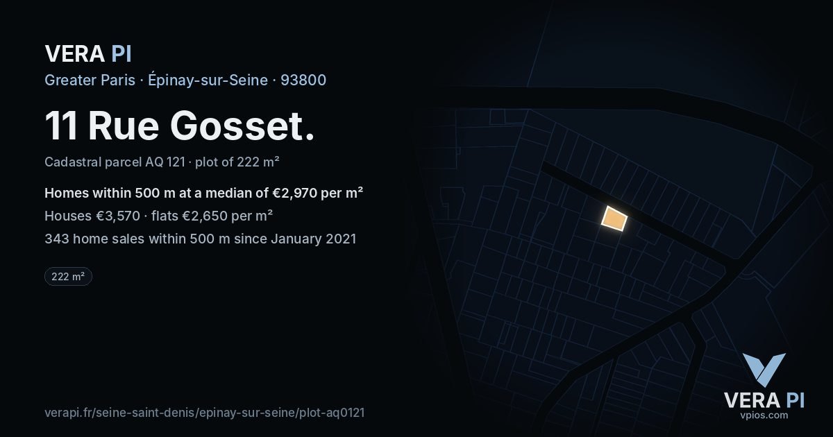 11 Rue Gosset, Épinay-sur-Seine at night – the plot lit, the parcels around coloured by the prices near them