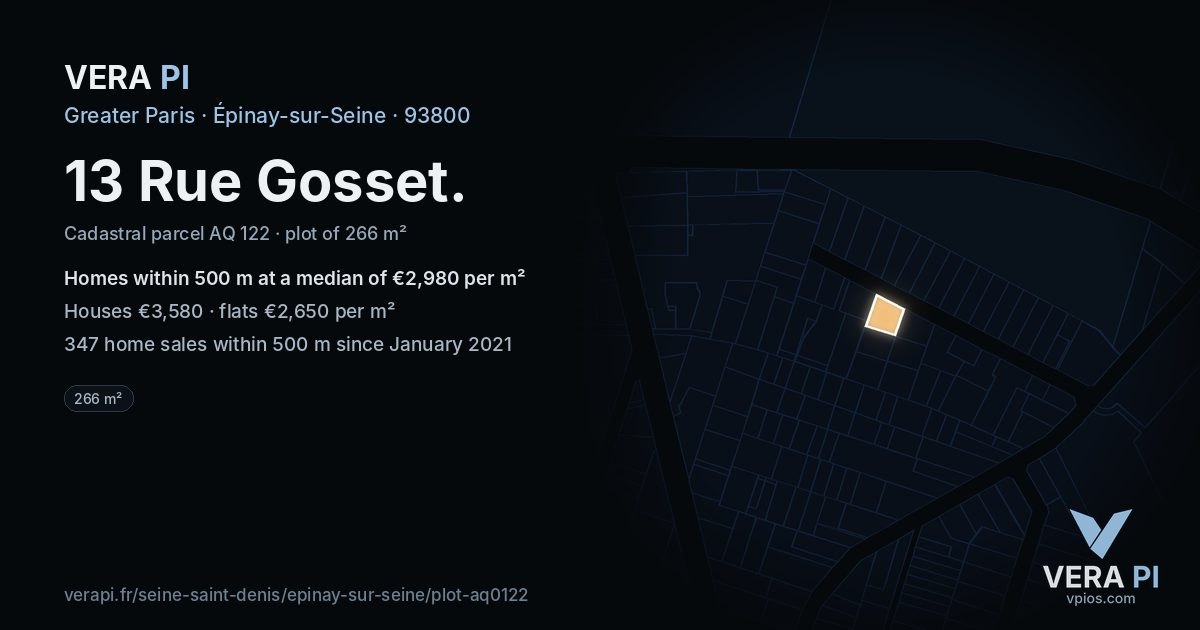 13 Rue Gosset, Épinay-sur-Seine at night – the plot lit, the parcels around coloured by the prices near them