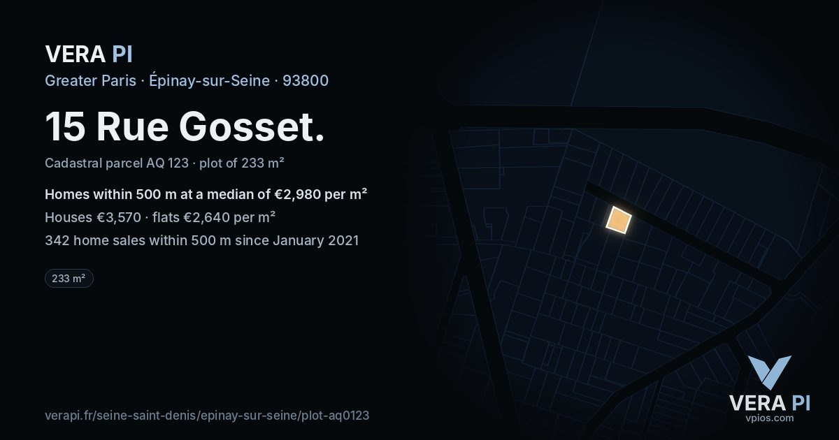 15 Rue Gosset, Épinay-sur-Seine at night – the plot lit, the parcels around coloured by the prices near them