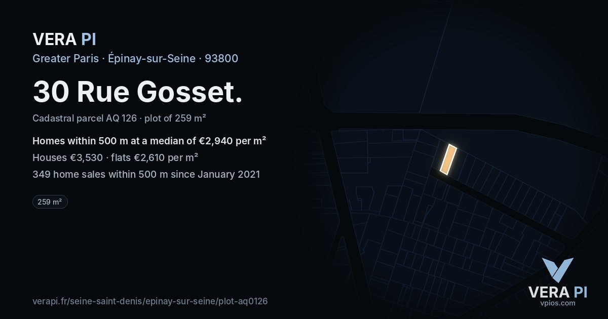 30 Rue Gosset, Épinay-sur-Seine at night – the plot lit, the parcels around coloured by the prices near them