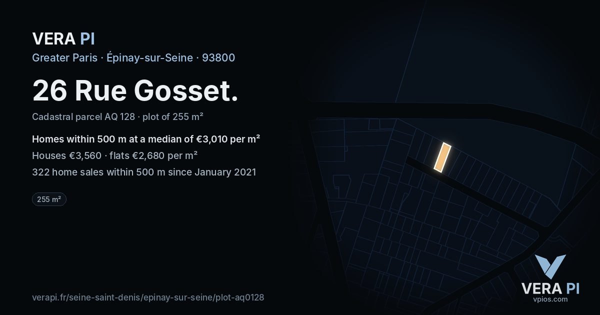 26 Rue Gosset, Épinay-sur-Seine at night – the plot lit, the parcels around coloured by the prices near them