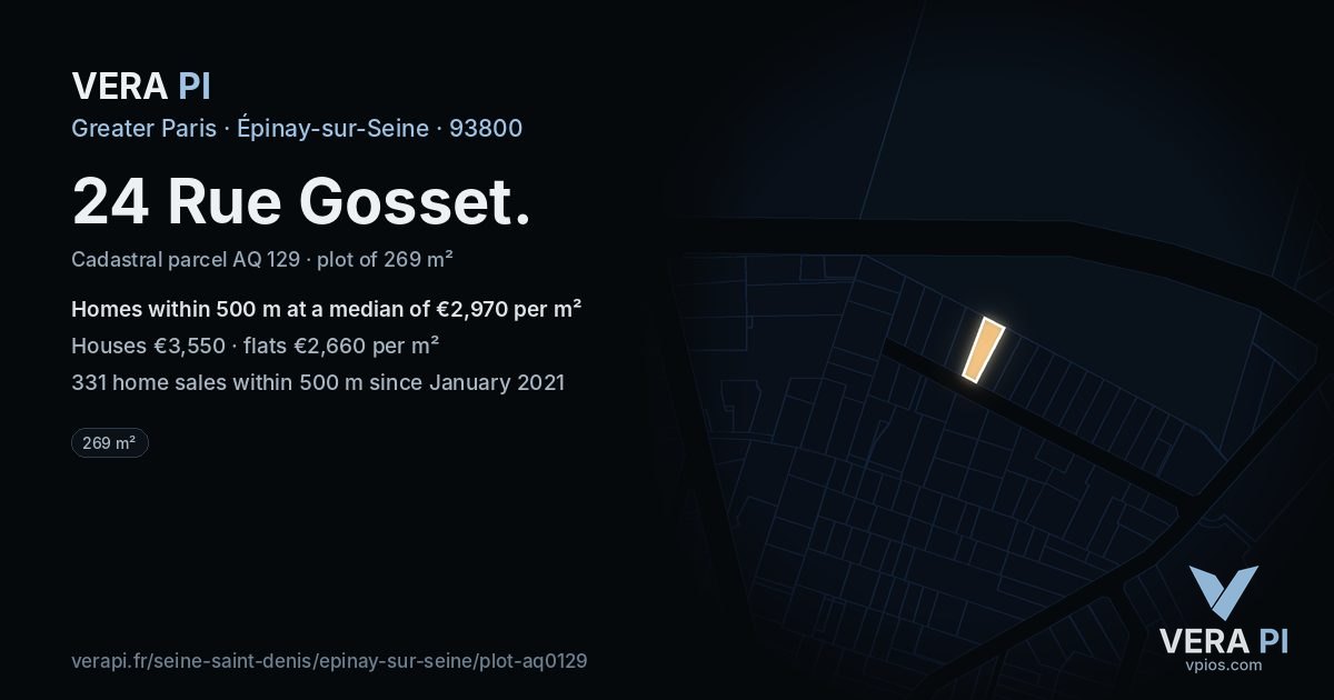 24 Rue Gosset, Épinay-sur-Seine at night – the plot lit, the parcels around coloured by the prices near them