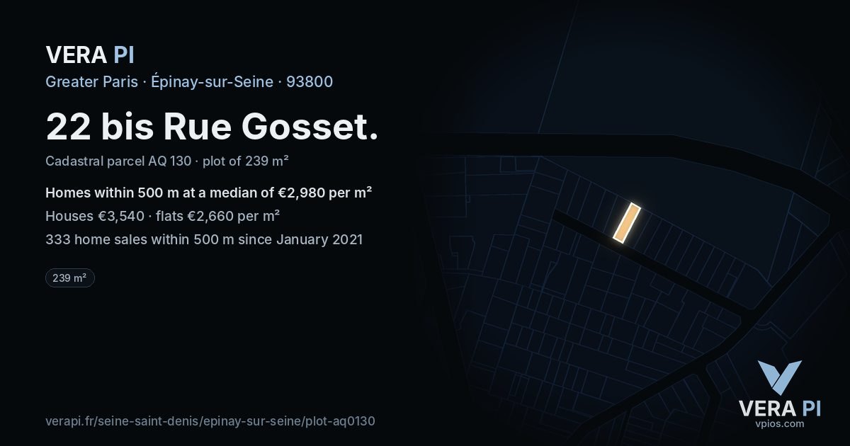 22 bis Rue Gosset, Épinay-sur-Seine at night – the plot lit, the parcels around coloured by the prices near them