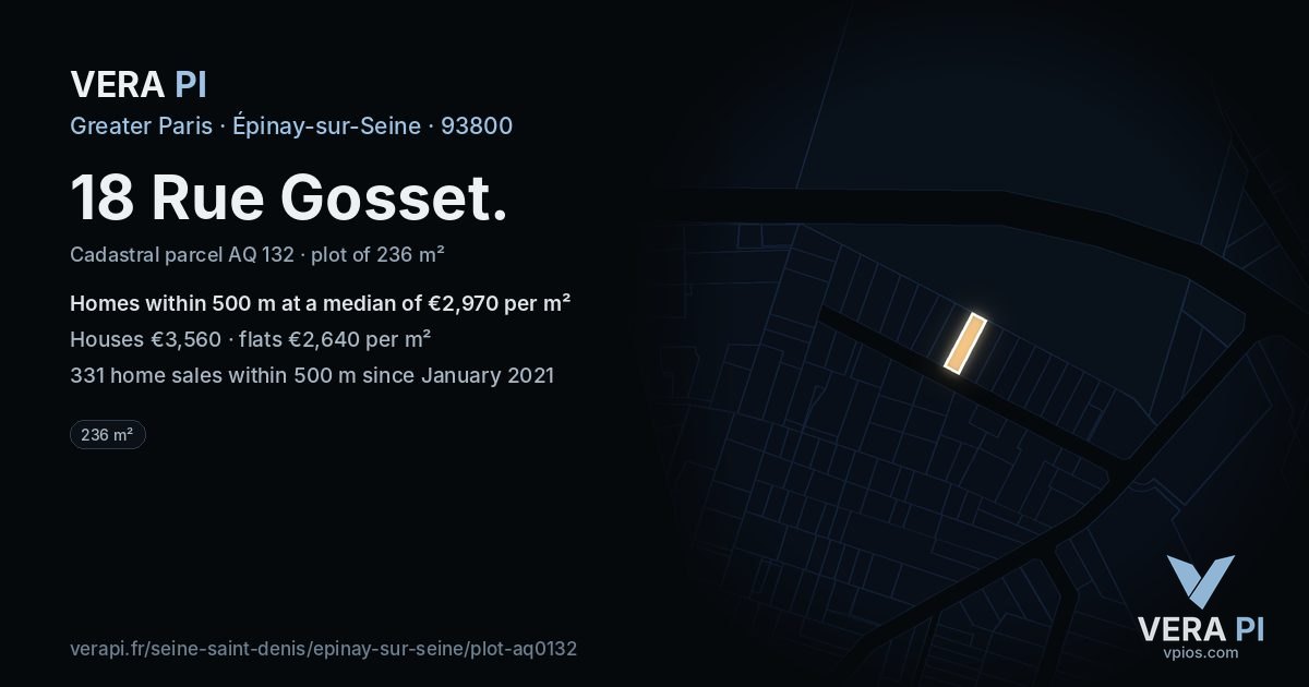 18 Rue Gosset, Épinay-sur-Seine at night – the plot lit, the parcels around coloured by the prices near them