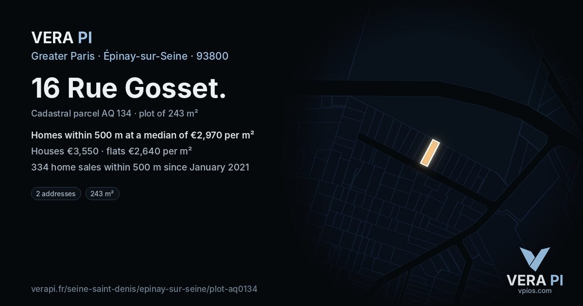 16 Rue Gosset, Épinay-sur-Seine at night – the plot lit, the parcels around coloured by the prices near them