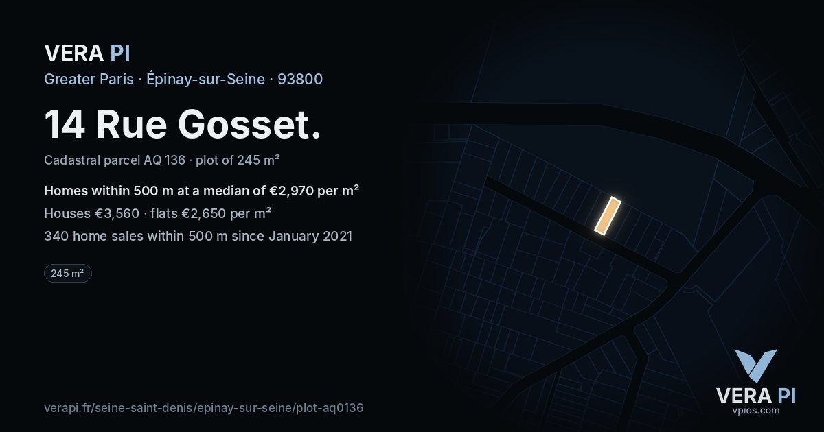 14 Rue Gosset, Épinay-sur-Seine at night – the plot lit, the parcels around coloured by the prices near them