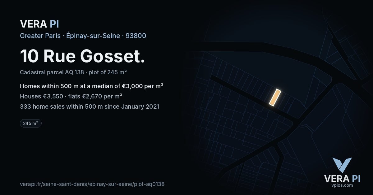 10 Rue Gosset, Épinay-sur-Seine at night – the plot lit, the parcels around coloured by the prices near them