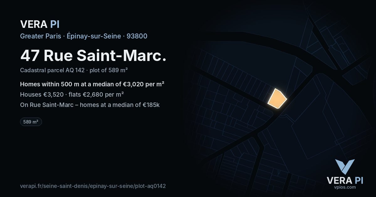 47 Rue Saint-Marc, Épinay-sur-Seine at night – the plot lit, the parcels around coloured by the prices near them
