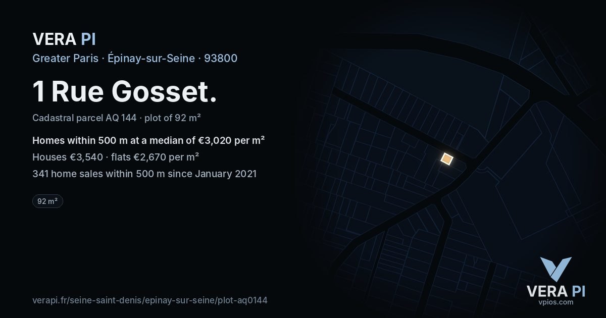 1 Rue Gosset, Épinay-sur-Seine at night – the plot lit, the parcels around coloured by the prices near them