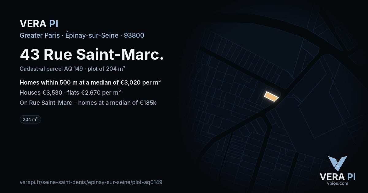 43 Rue Saint-Marc, Épinay-sur-Seine at night – the plot lit, the parcels around coloured by the prices near them