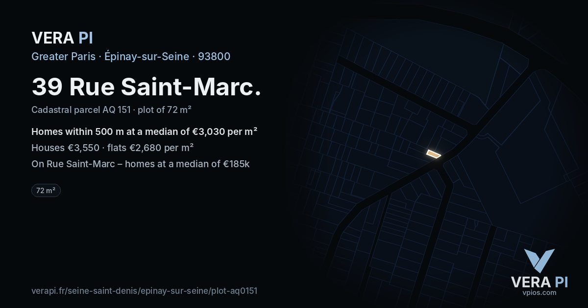 39 Rue Saint-Marc, Épinay-sur-Seine at night – the plot lit, the parcels around coloured by the prices near them