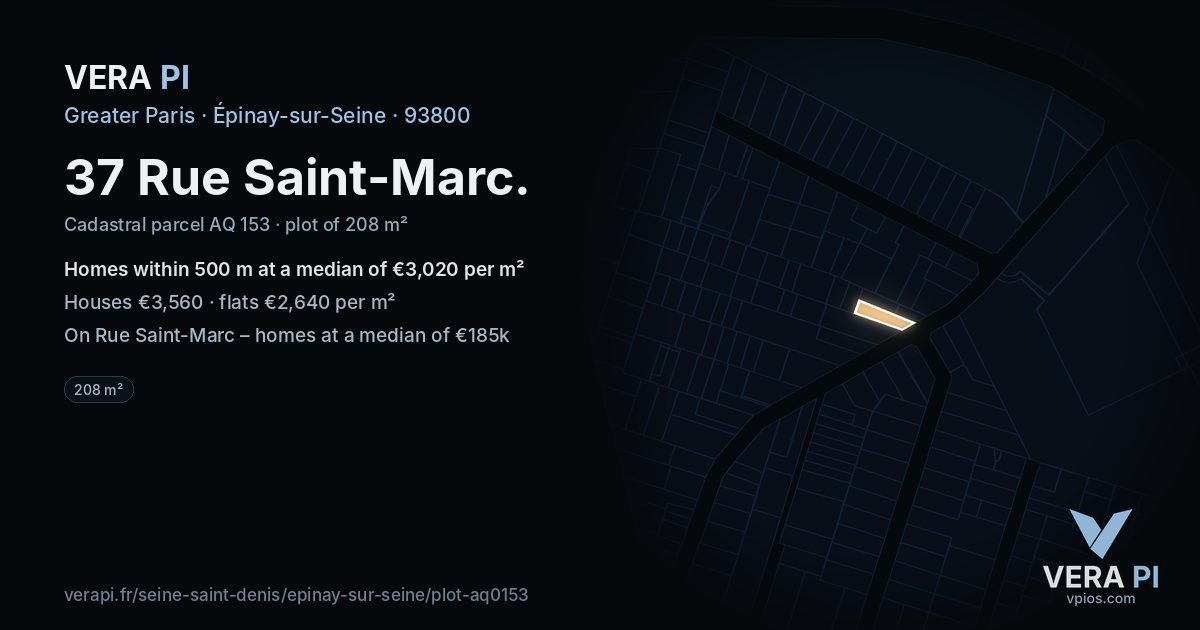37 Rue Saint-Marc, Épinay-sur-Seine at night – the plot lit, the parcels around coloured by the prices near them