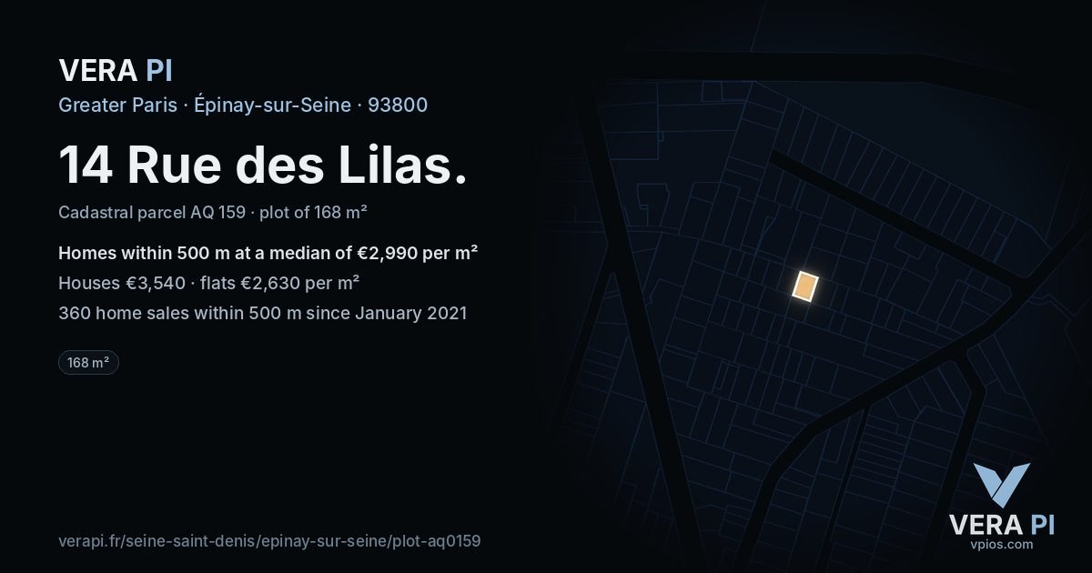 14 Rue des Lilas, Épinay-sur-Seine at night – the plot lit, the parcels around coloured by the prices near them
