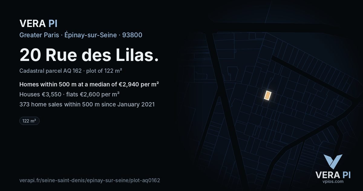 20 Rue des Lilas, Épinay-sur-Seine at night – the plot lit, the parcels around coloured by the prices near them