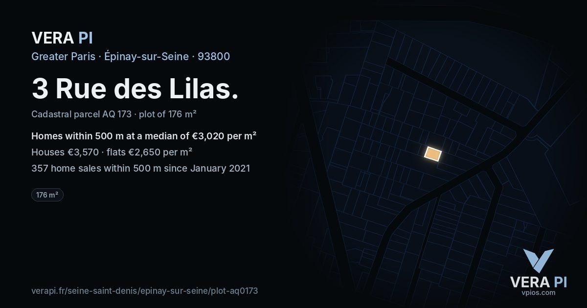 3 Rue des Lilas, Épinay-sur-Seine at night – the plot lit, the parcels around coloured by the prices near them
