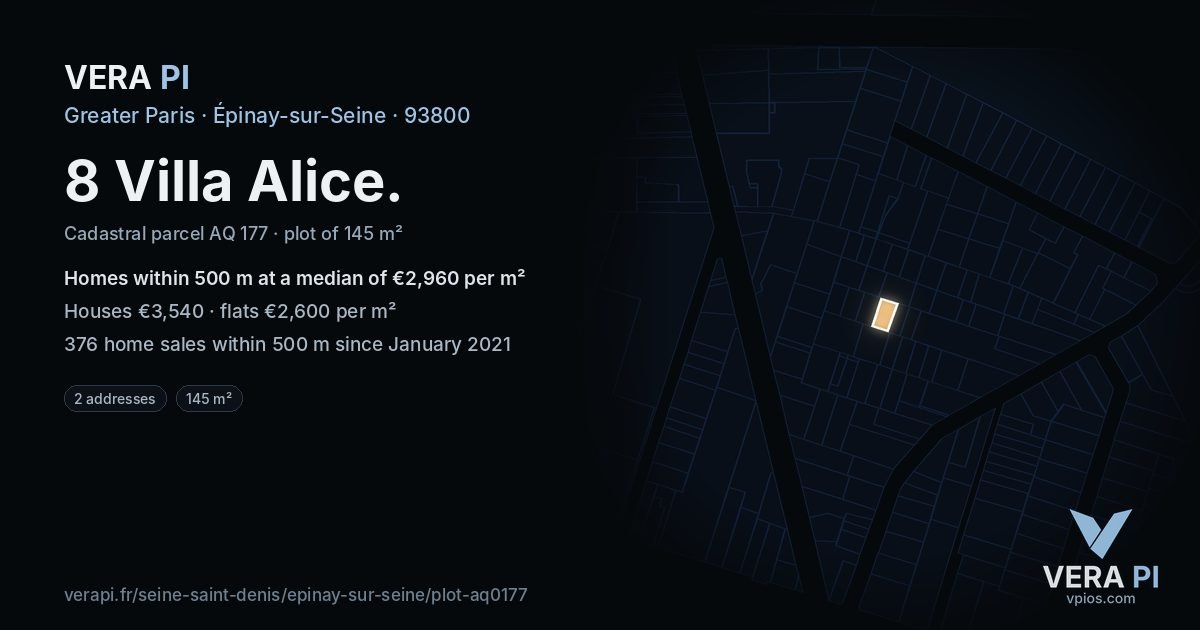 8 Villa Alice, Épinay-sur-Seine at night – the plot lit, the parcels around coloured by the prices near them