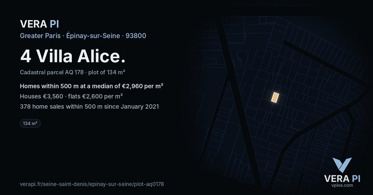 4 Villa Alice, Épinay-sur-Seine at night – the plot lit, the parcels around coloured by the prices near them