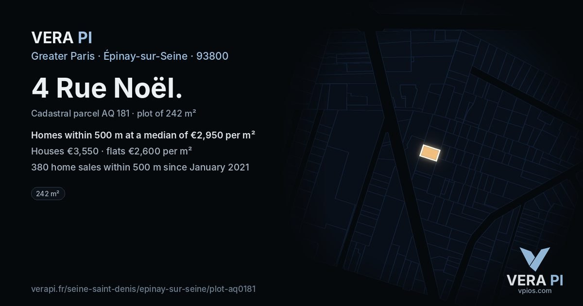 4 Rue Noël, Épinay-sur-Seine at night – the plot lit, the parcels around coloured by the prices near them