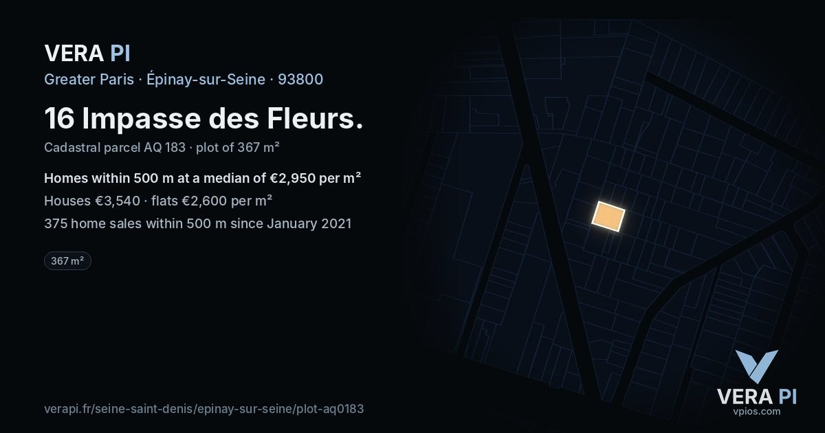 16 Impasse des Fleurs, Épinay-sur-Seine at night – the plot lit, the parcels around coloured by the prices near them