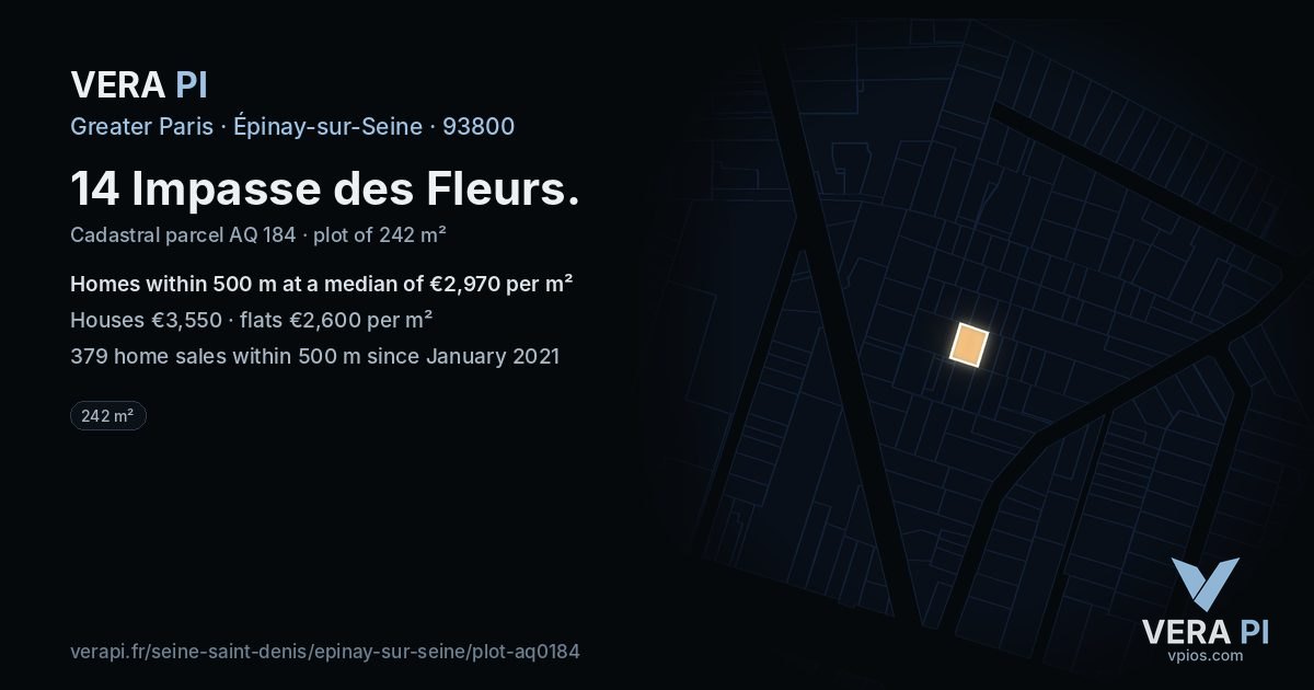 14 Impasse des Fleurs, Épinay-sur-Seine at night – the plot lit, the parcels around coloured by the prices near them