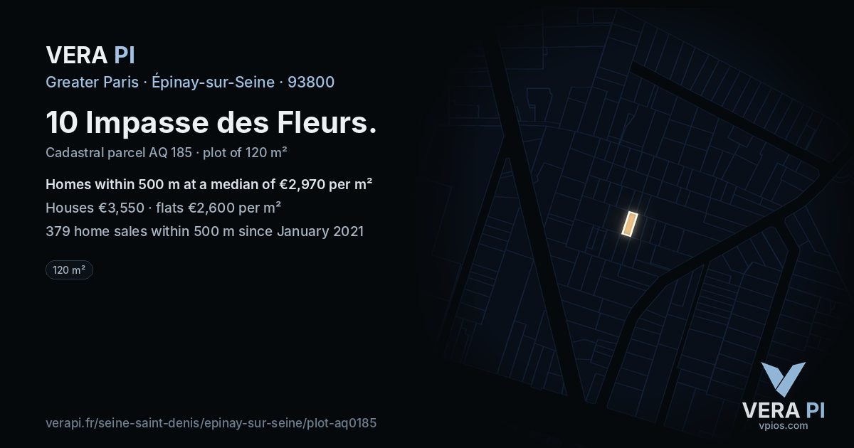 10 Impasse des Fleurs, Épinay-sur-Seine at night – the plot lit, the parcels around coloured by the prices near them