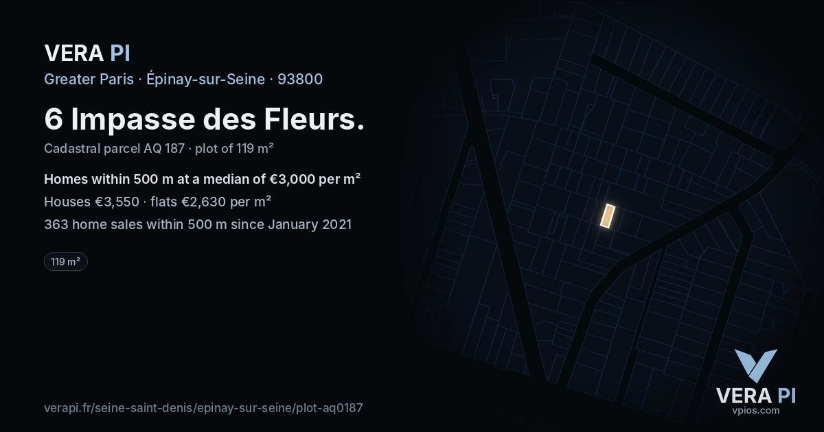 6 Impasse des Fleurs, Épinay-sur-Seine at night – the plot lit, the parcels around coloured by the prices near them