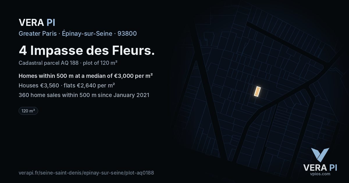 4 Impasse des Fleurs, Épinay-sur-Seine at night – the plot lit, the parcels around coloured by the prices near them