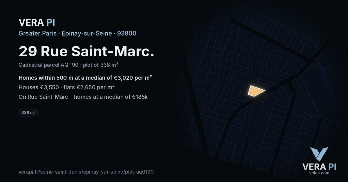 29 Rue Saint-Marc, Épinay-sur-Seine at night – the plot lit, the parcels around coloured by the prices near them