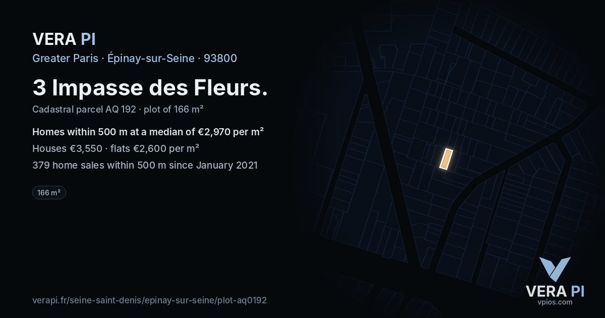 3 Impasse des Fleurs, Épinay-sur-Seine at night – the plot lit, the parcels around coloured by the prices near them