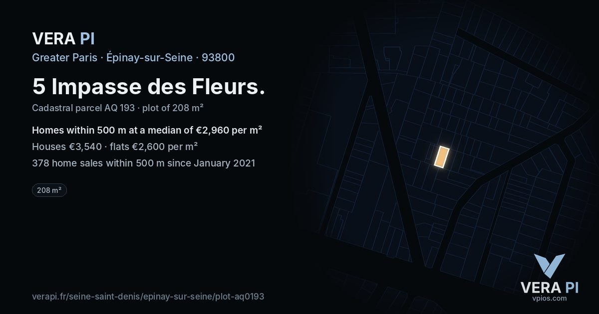 5 Impasse des Fleurs, Épinay-sur-Seine at night – the plot lit, the parcels around coloured by the prices near them