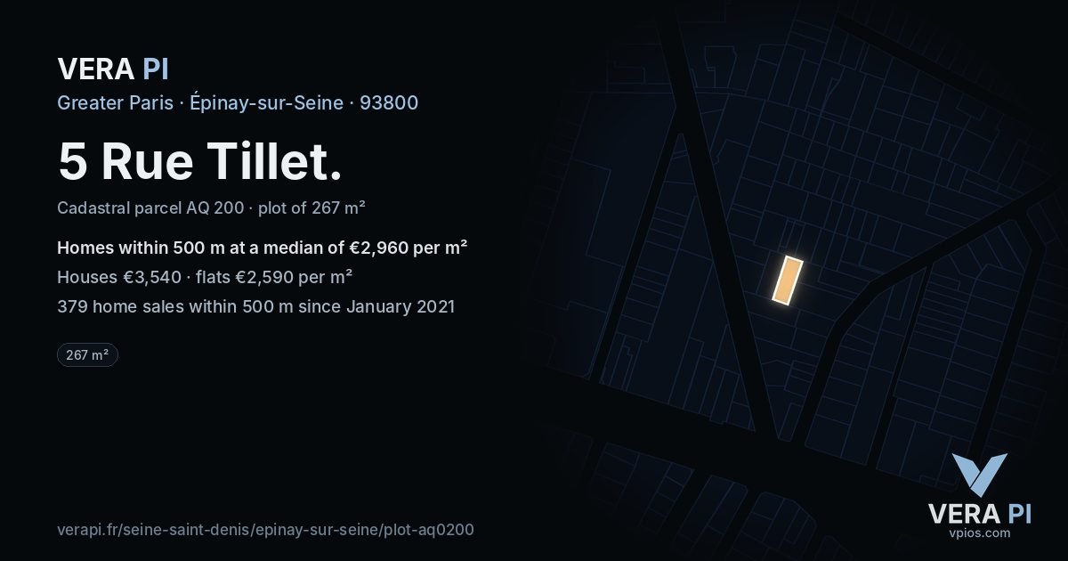 5 Rue Tillet, Épinay-sur-Seine at night – the plot lit, the parcels around coloured by the prices near them
